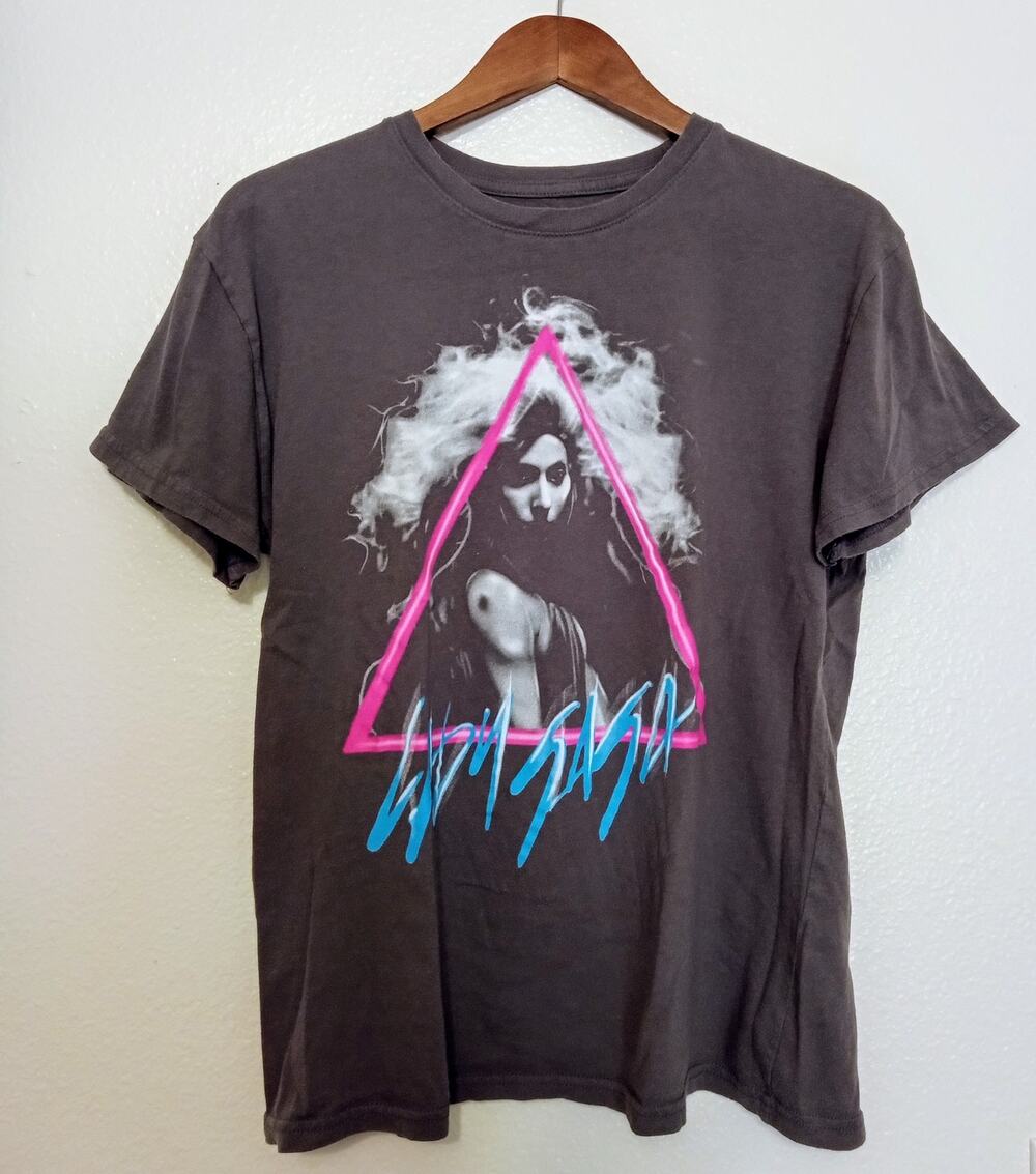 Lady Gaga Tit Graphic Tee Shirt Charcoal Gray Neon Pink Triangle Pop Music SZ L